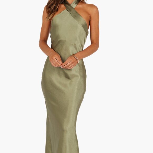 Petal and Pup Grasie Stretch Satin Halter Dress in Olive Size 8 New - Picture 1 of 9